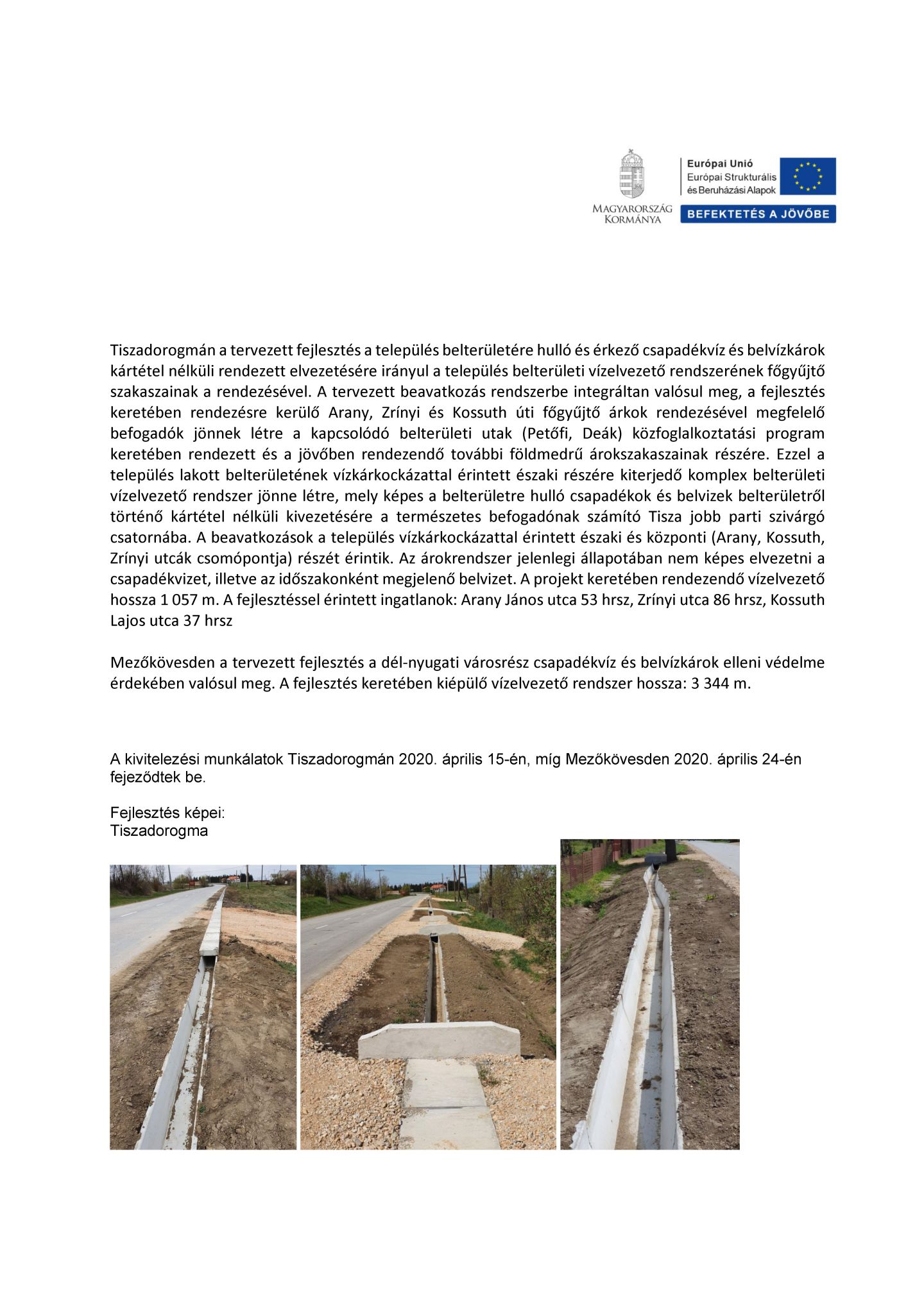 Tiszadorogma település és Mezőkövesd I. ütem belterületi vízrendezése projekt leírása első oldal