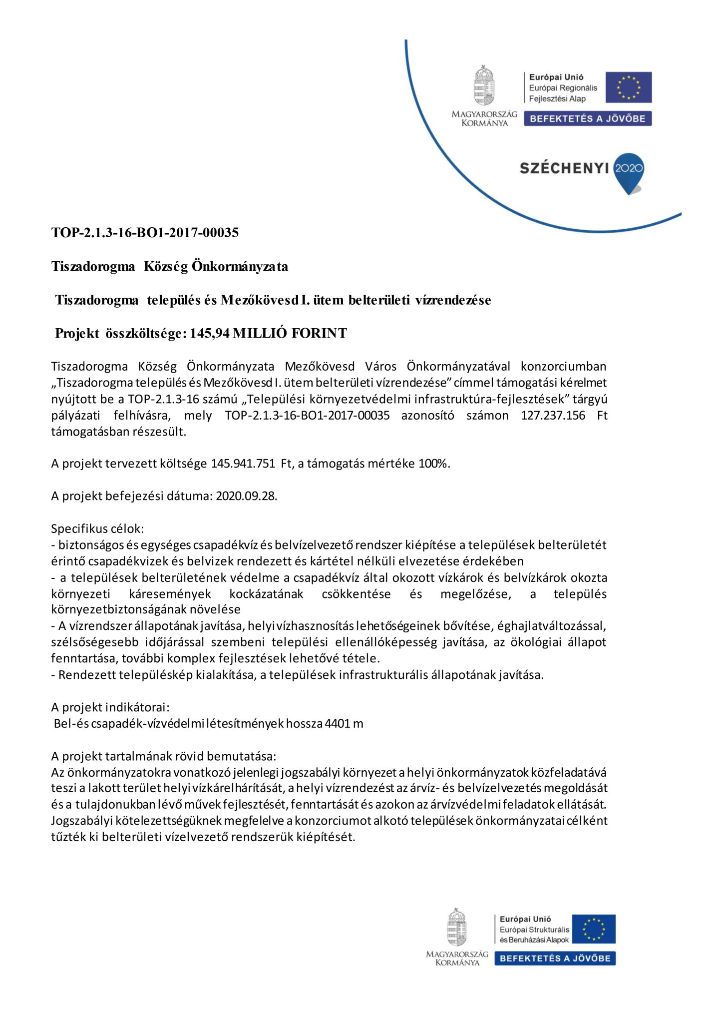 Tiszadorogma település és Mezőkövesd I. ütem belterületi vízrendezése projekt leírása 